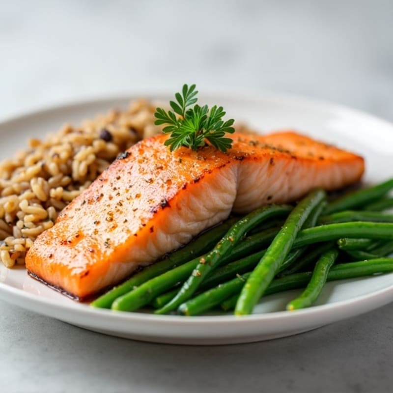 Seared Salmon Fillet with Steamed Green Beans and Wild Rice