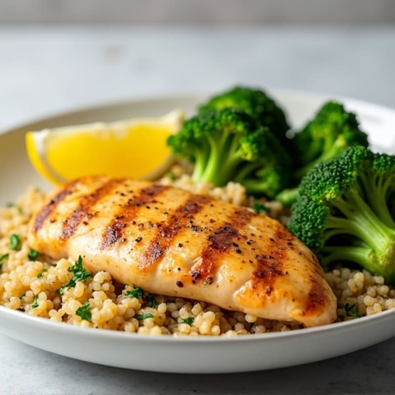 Grilled Lemon Pepper Chicken Breast with Quinoa and Steamed Broccoli