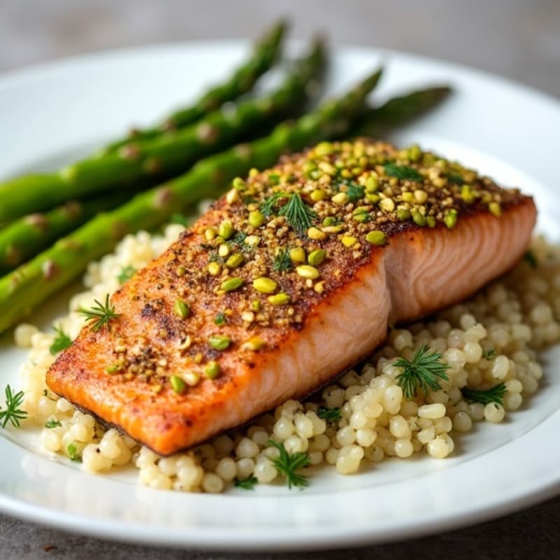 Crispy Pistachio-Crusted Salmon with Creamy Lemon Dill Quinoa and Roasted Asparagus
