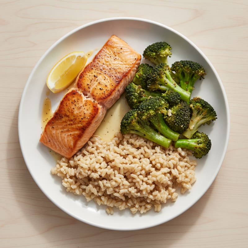 Seared Salmon Fillet with Garlic Broccoli and Brown Rice