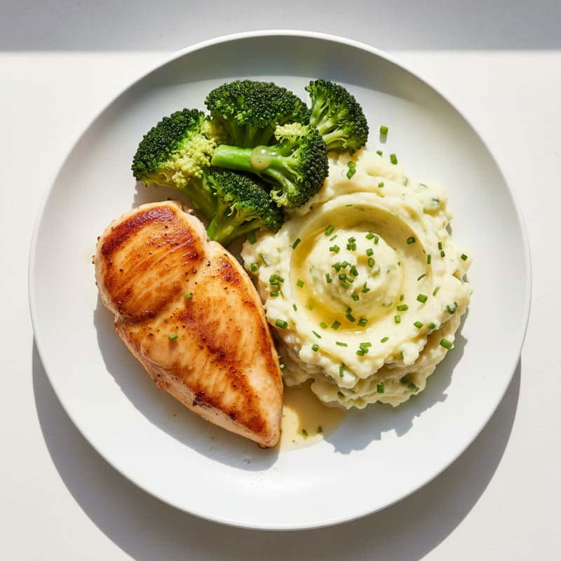Seared Chicken Breast with Herb Potato Mash and Steamed Broccoli