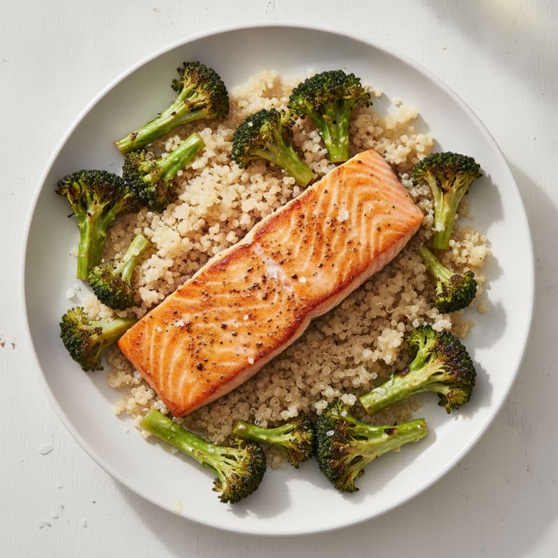 Seared Salmon Fillet with Roasted Broccoli and Quinoa
