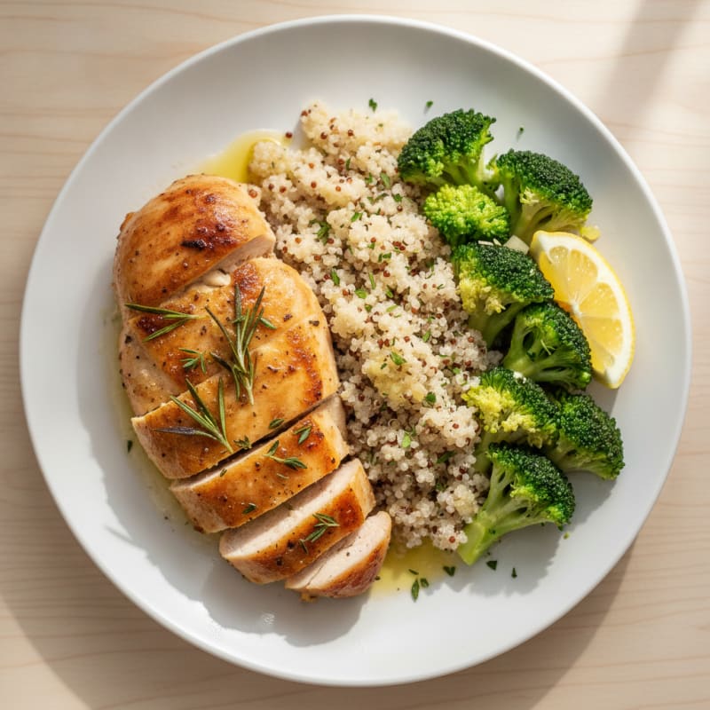 Herb-Roasted Chicken Breast with Steamed Broccoli and Quinoa