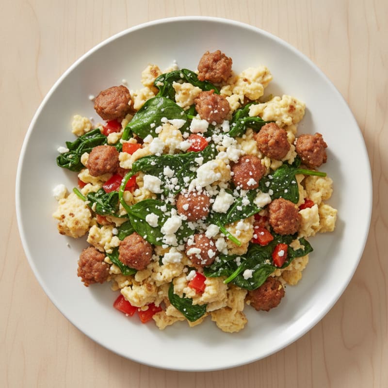 Egg White Scramble with Turkey Sausage and Sautéed Spinach