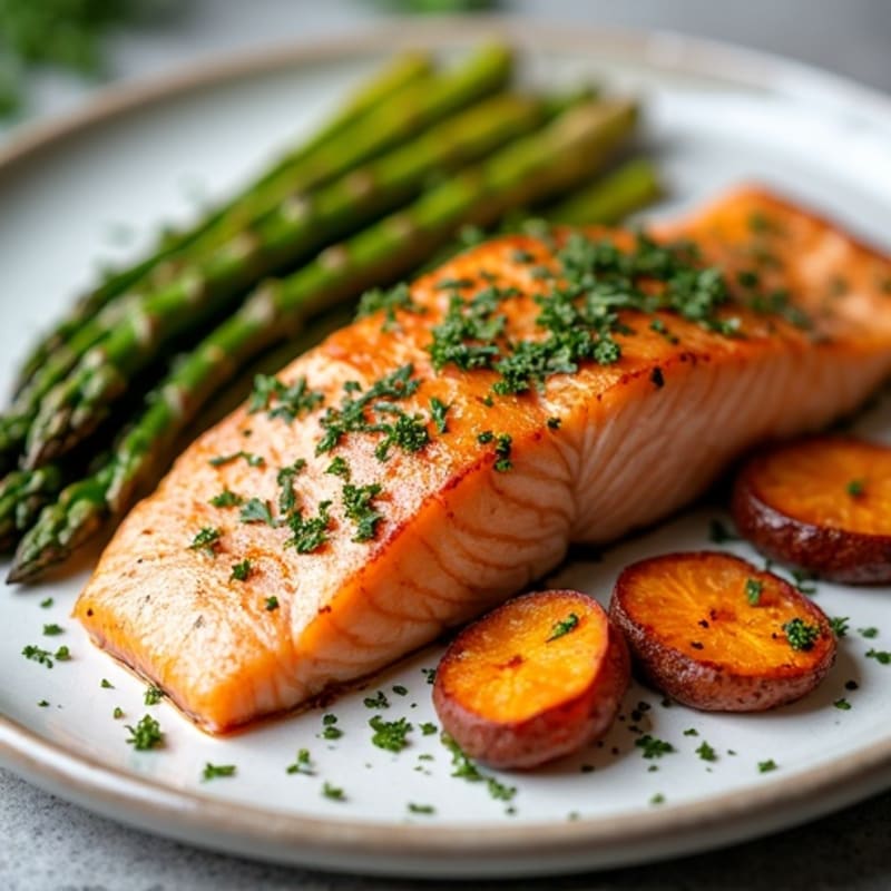 Garlic Herb Baked Salmon with Roasted Asparagus and Crispy Sweet Potatoes