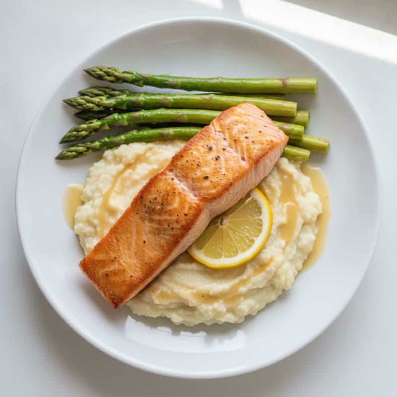 Seared Salmon with Steamed Asparagus and Cauliflower Mash