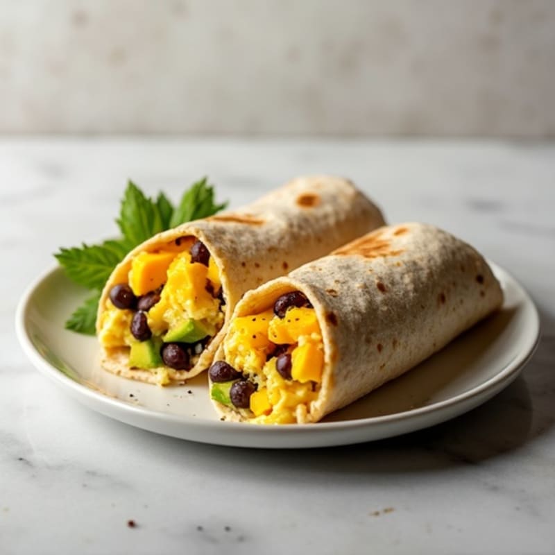 High-Protein Breakfast Burrito with Scrambled Eggs, Black Beans, and Creamy Avocado