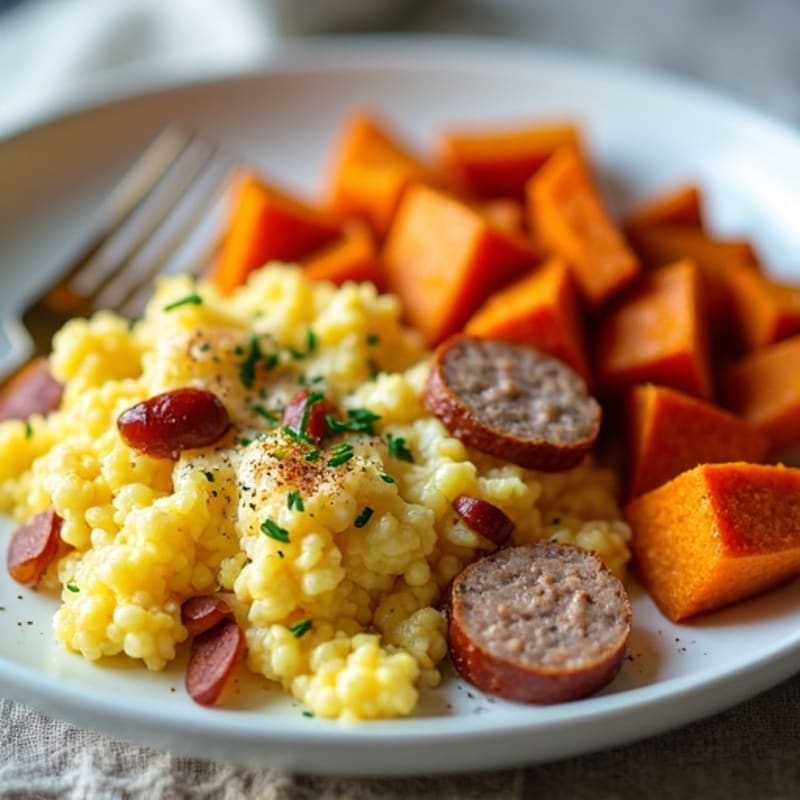 Egg White and Turkey Sausage Scramble with Roasted Sweet Potato