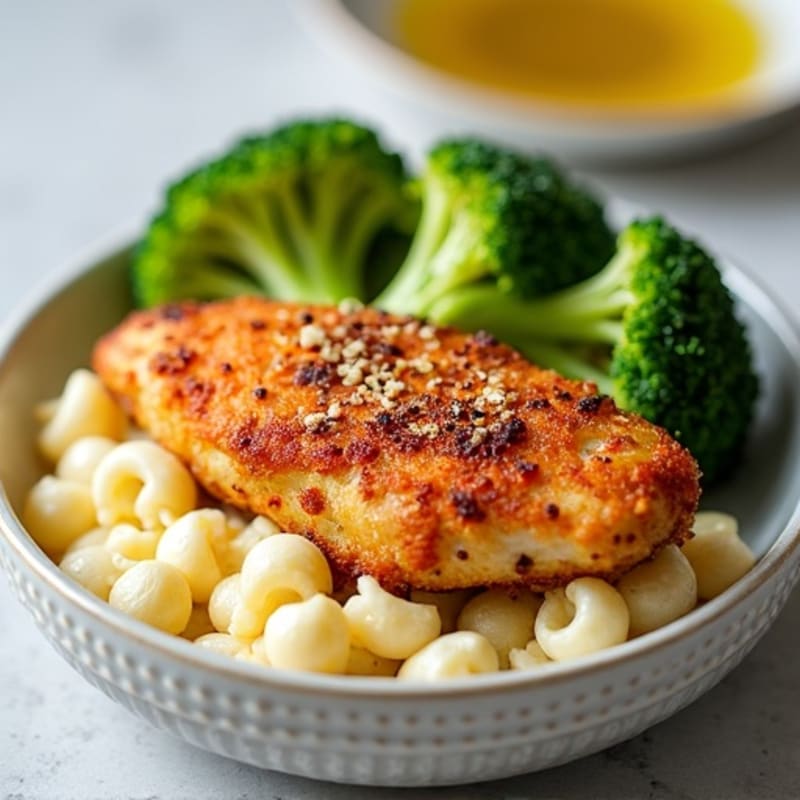 Crispy Baked Chicken with Creamy Cauliflower 'Mac' and Roasted Broccoli