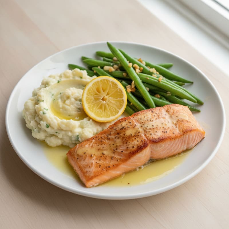 Seared Salmon with Garlic Green Beans and Mashed Cauliflower
