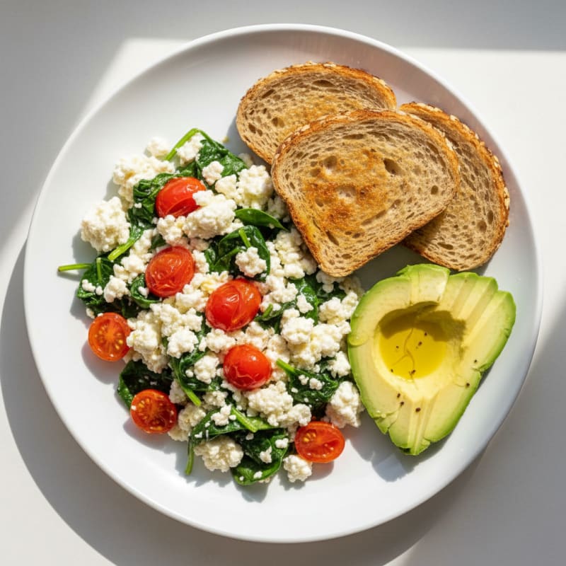 Cottage Cheese Egg White Scramble with Spinach and Cherry Tomatoes
