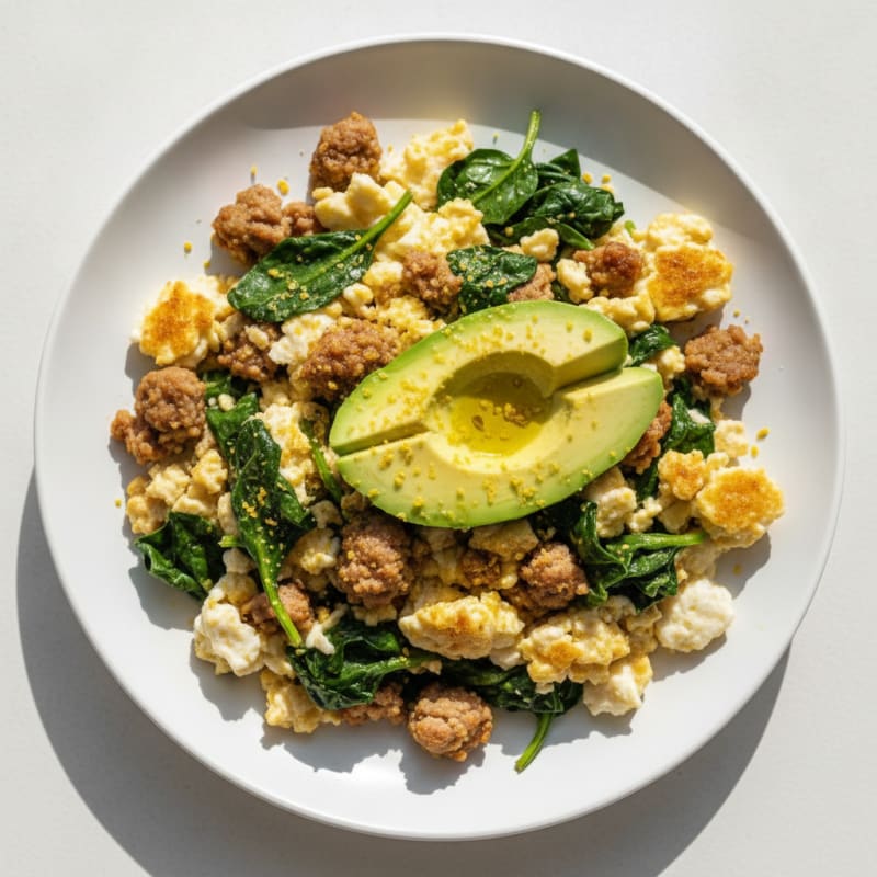 Egg White and Turkey Sausage Scramble with Sautéed Spinach