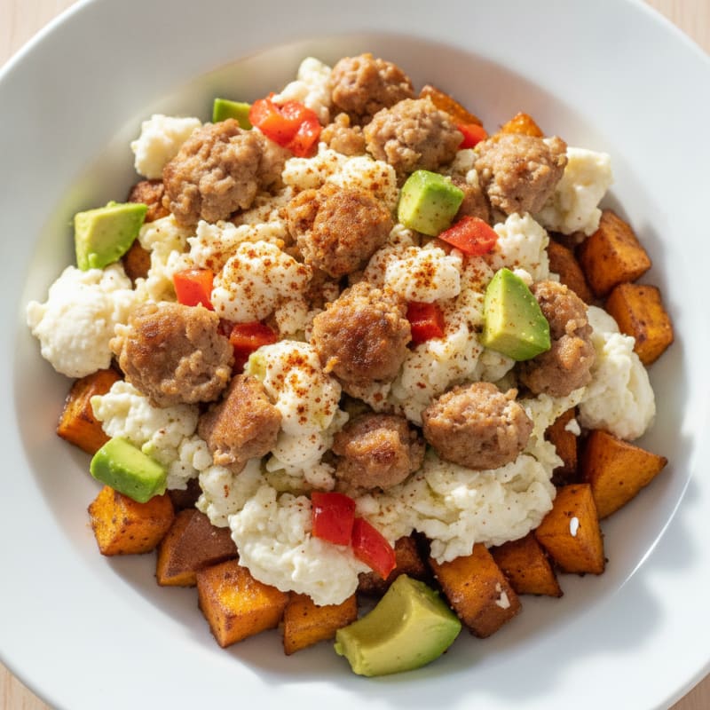 Egg White and Turkey Sausage Scramble with Roasted Sweet Potatoes