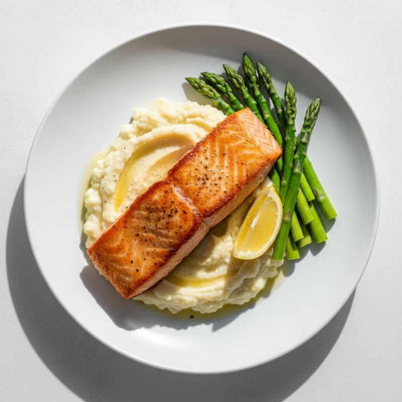 Seared Salmon Fillet with Steamed Asparagus and Cauliflower Mash