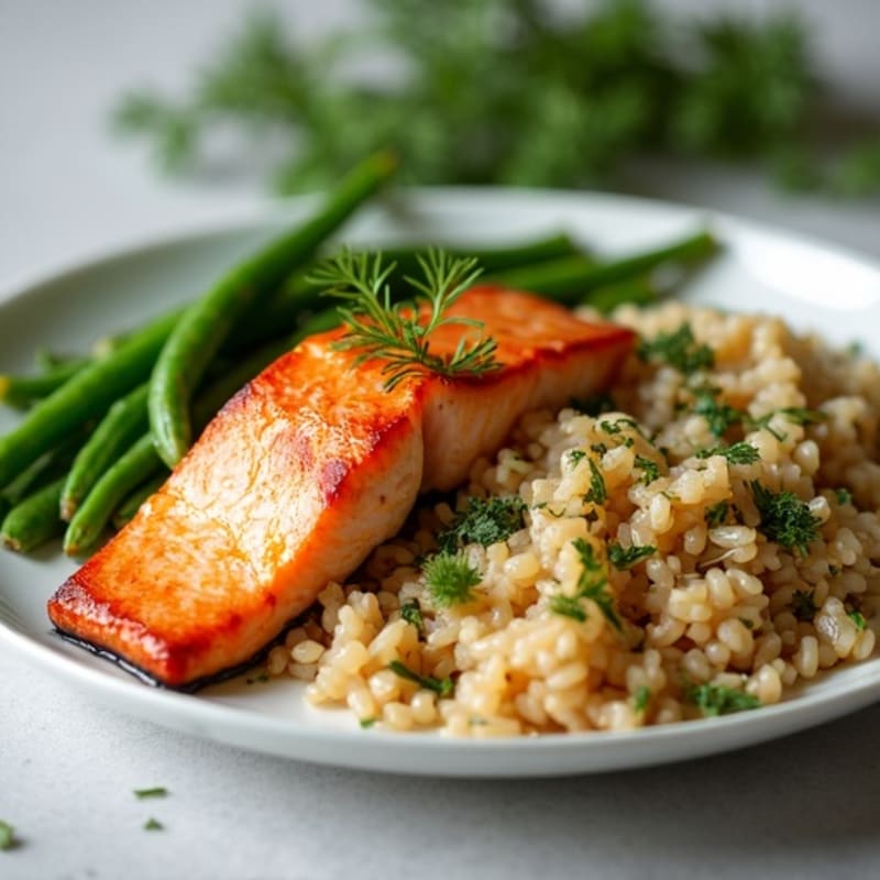 Seared Salmon with Steamed Green Beans and Herbed Brown Rice