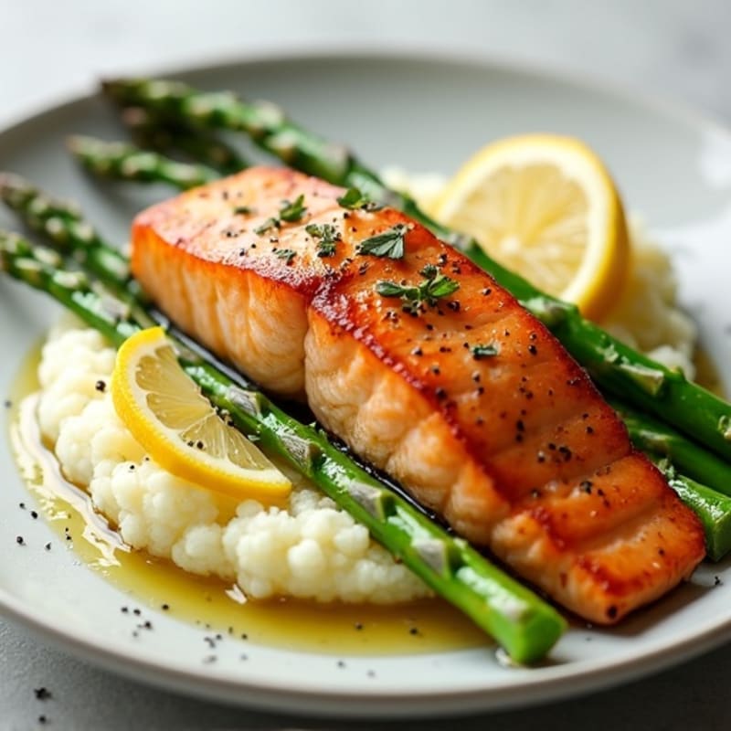 Seared Salmon Fillet with Steamed Asparagus and Cauliflower Mash