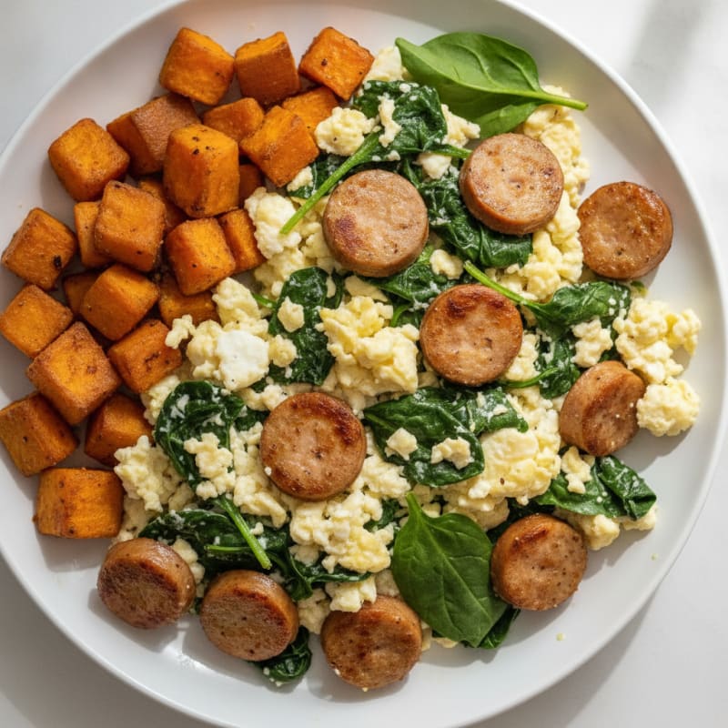Crispy Turkey Sausage and Egg White Scramble with Sautéed Spinach