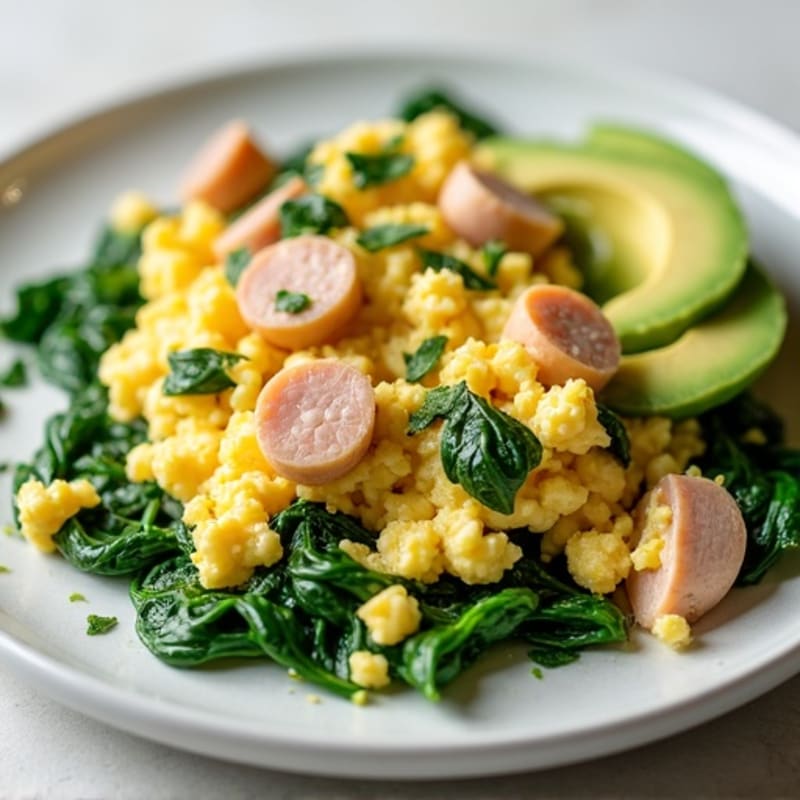 Egg White and Cottage Cheese Scramble with Smoked Turkey and Sautéed Spinach