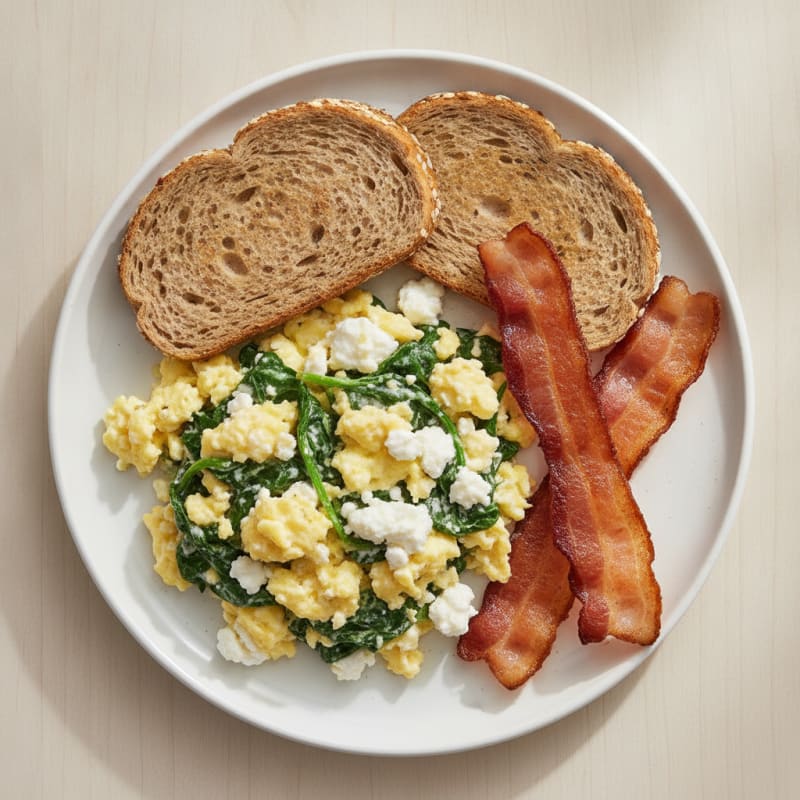 Cottage Cheese Scramble with Spinach and Turkey Bacon