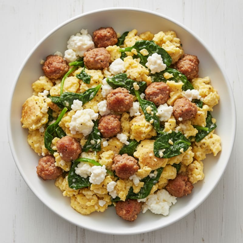Cottage Cheese Scramble with Turkey Sausage and Spinach