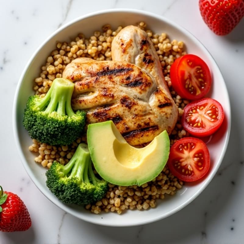 Grilled Chicken and Quinoa Bowl with Roasted Broccoli and Cherry Tomatoes