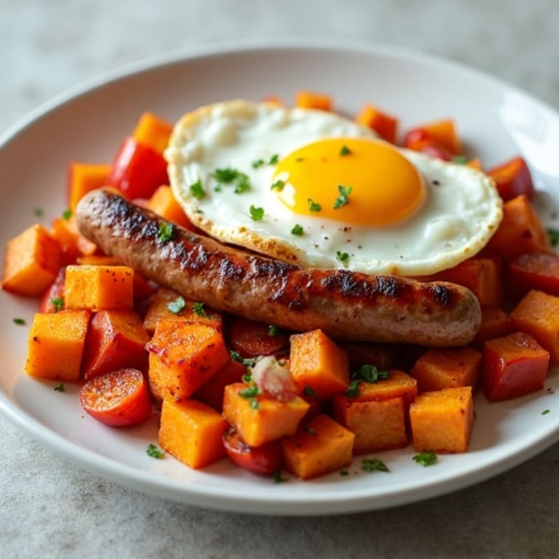 Crispy Sweet Potato Hash with Lean Turkey Sausage and Eggs