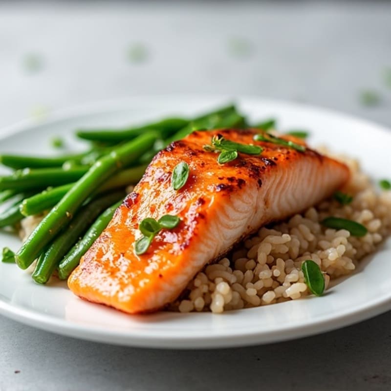 Seared Salmon with Steamed Green Beans and Brown Rice
