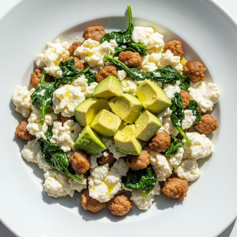 Egg White and Turkey Sausage Scramble with Sautéed Spinach