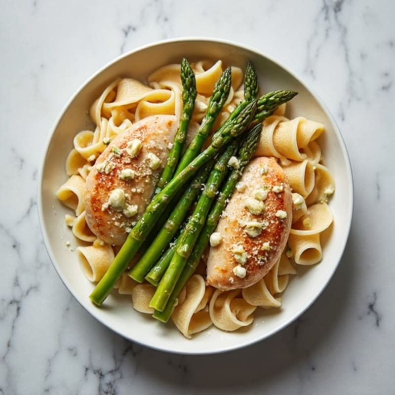 Healthy Creamy Garlic Chicken Pasta with Roasted Asparagus