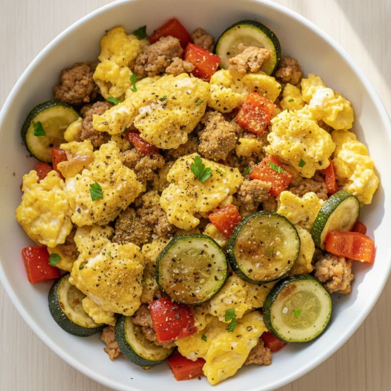 Hearty Scrambled Eggs with Roasted Vegetables