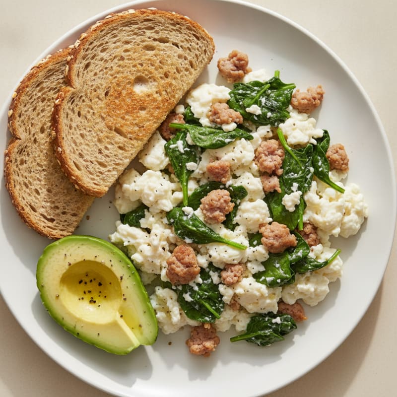 Egg White and Turkey Sausage Scramble with Sautéed Spinach