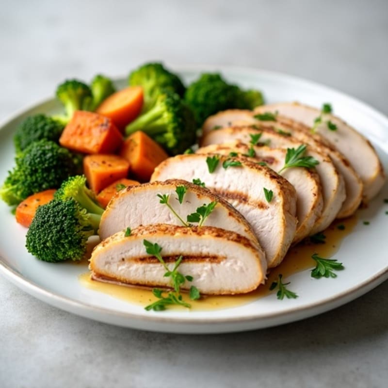 Grilled Deli Turkey with Roasted Broccoli and Sweet Potato