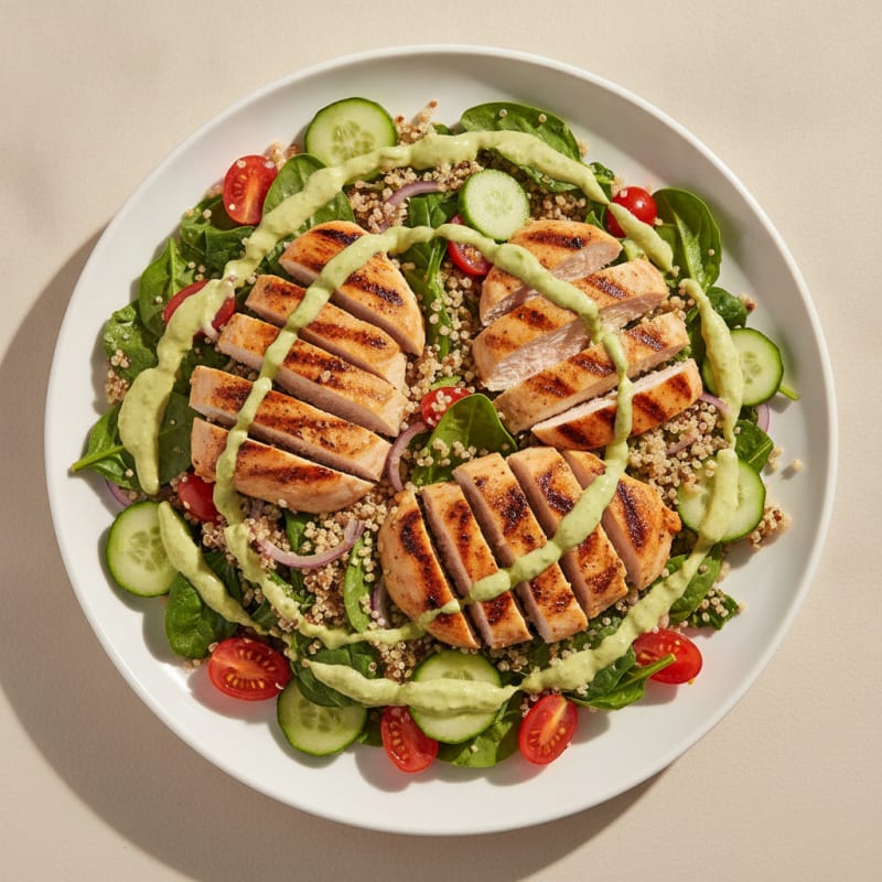 Grilled Chicken Quinoa Salad with Creamy Avocado Dressing