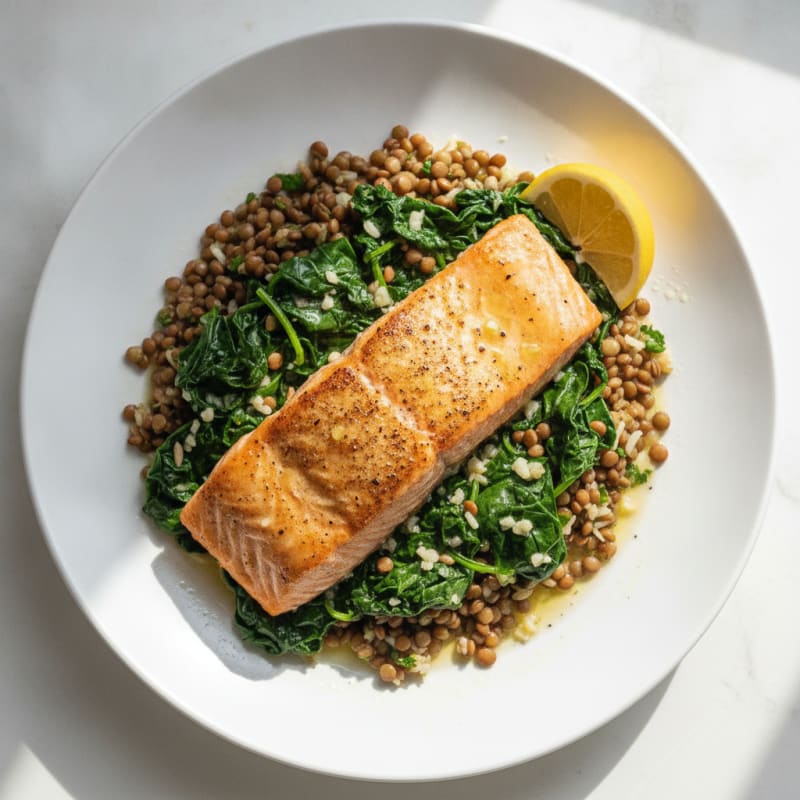 Crispy Baked Salmon with Garlic Spinach and Lentil Pilaf