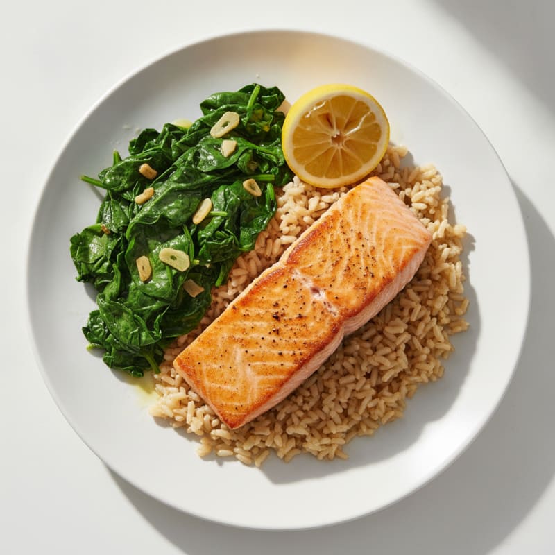 Pan-Seared Salmon with Steamed Brown Rice and Sautéed Spinach