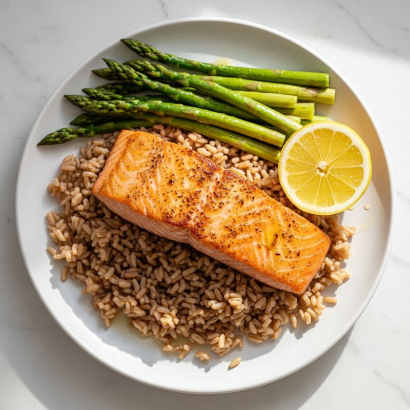 Seared Salmon Fillet with Steamed Asparagus and Brown Rice