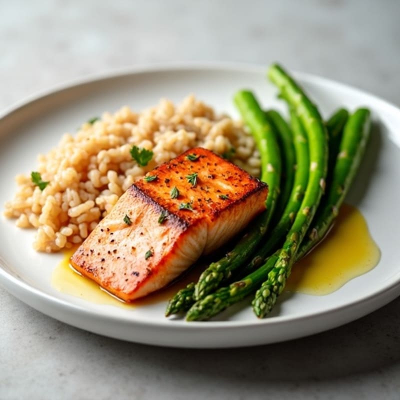 Seared Salmon Fillet with Steamed Asparagus and Brown Rice