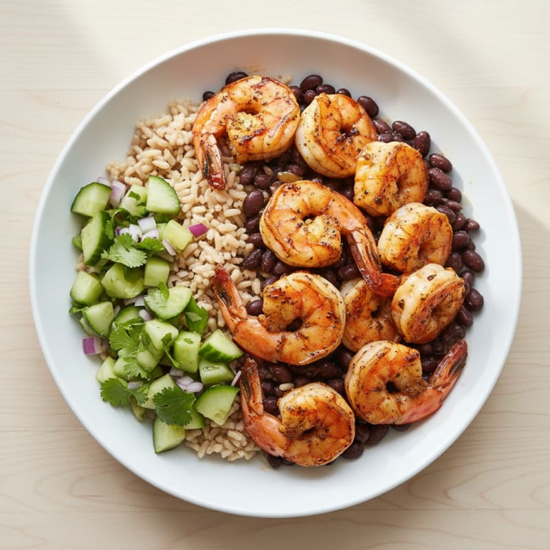 Grilled Shrimp and Black Bean Rice Bowl with Cucumber Salsa
