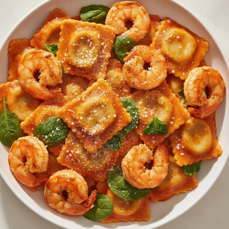 Spinach Ricotta Ravioli with Marinara and Pan-Seared Shrimp
