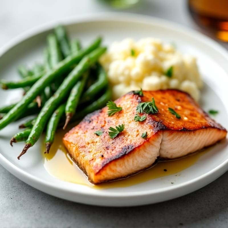 Seared Salmon with Steamed Green Beans and Garlic Mashed Cauliflower