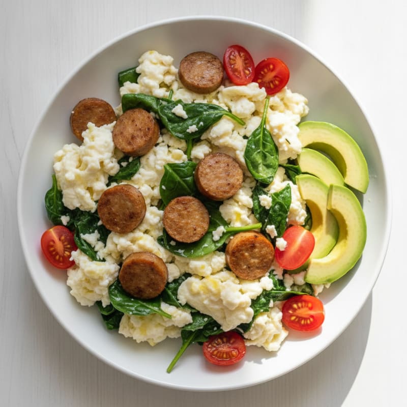Egg White and Spinach Scramble with Turkey Sausage