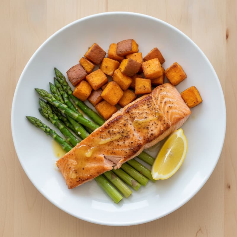 Seared Salmon Fillet with Roasted Sweet Potato and Asparagus
