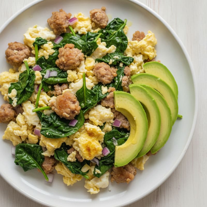 Egg White Scramble with Turkey Sausage and Sautéed Spinach