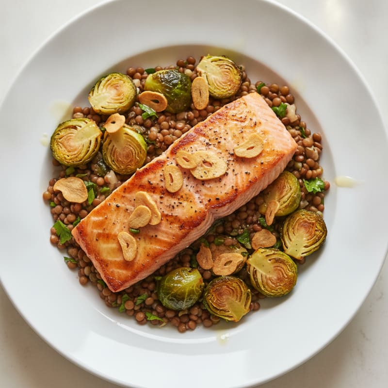 Seared Salmon Fillet with Roasted Brussels Sprouts and Lentil Salad