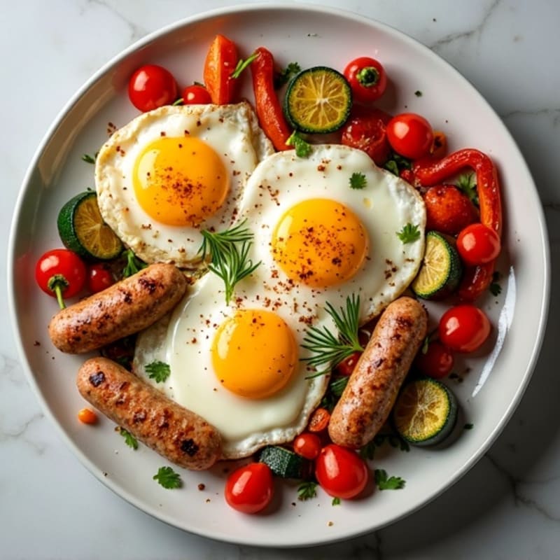 Sheet Pan Protein Eggs with Roasted Vegetables and Chicken Sausage