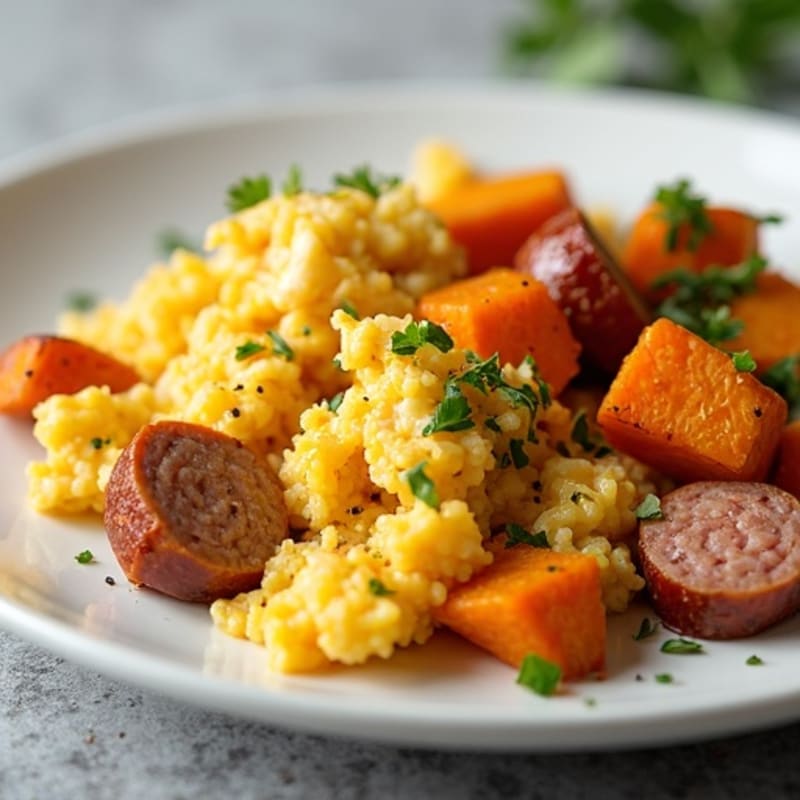 Crispy Egg White and Turkey Sausage Scramble with Roasted Sweet Potatoes