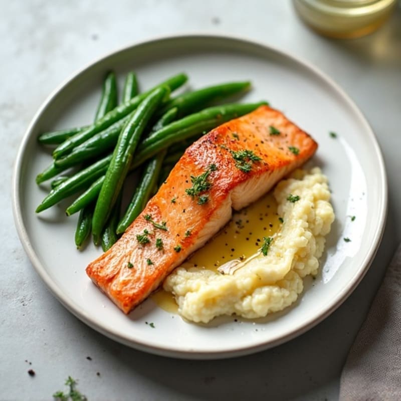 Seared Salmon with Garlic Green Beans and Cauliflower Mash