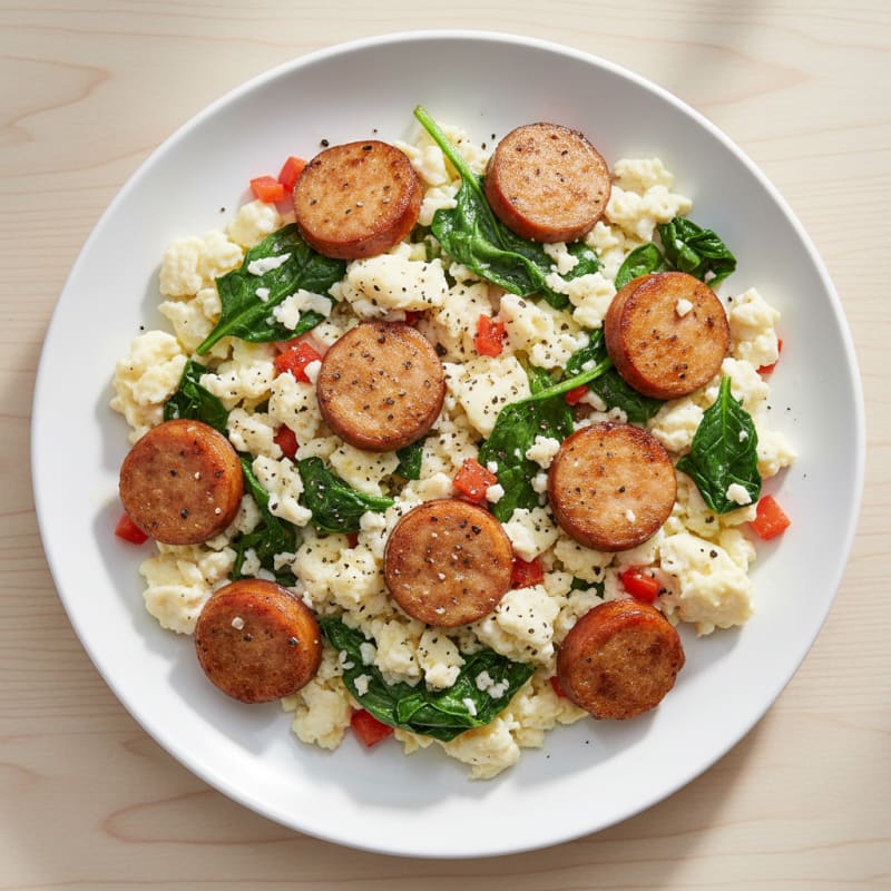 Egg White Scramble with Chicken Sausage and Spinach