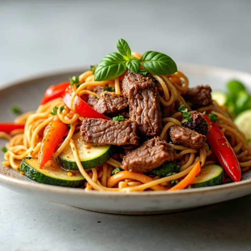 Tender Thai Ginger Beef and Crispy Vegetable Noodles