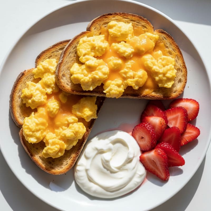 Egg and Cheese Sourdough Toast with Greek Yogurt and Strawberries